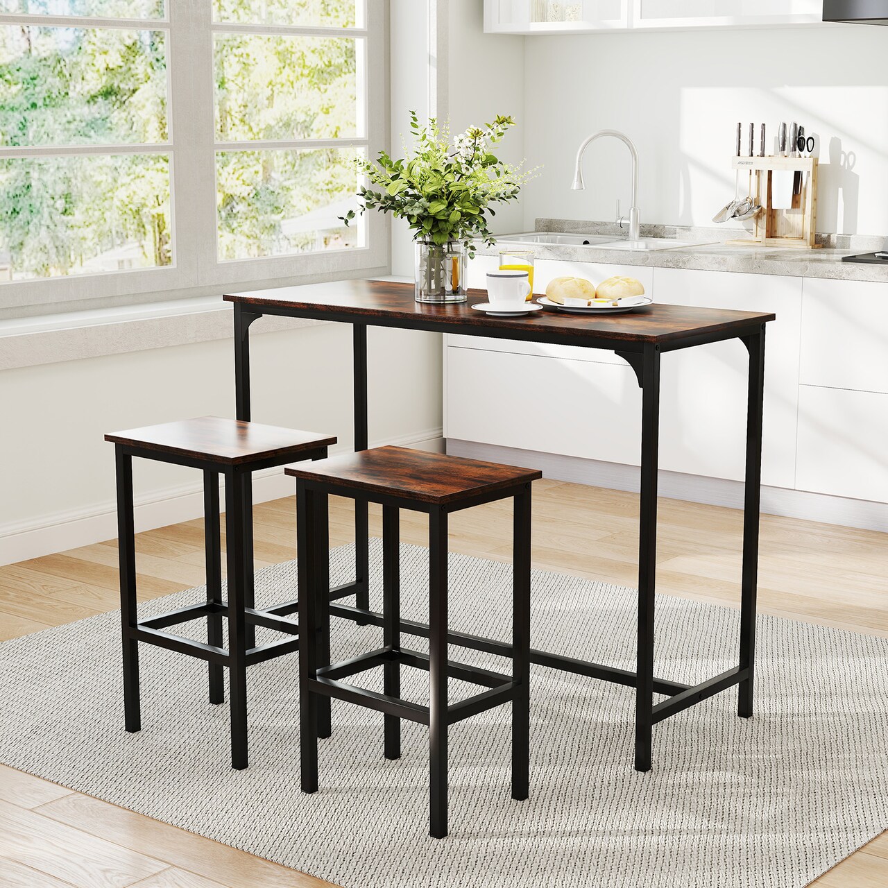 3-Piece Industrial Dining Set with 47.5 Inch Table and 2 Bar Stools